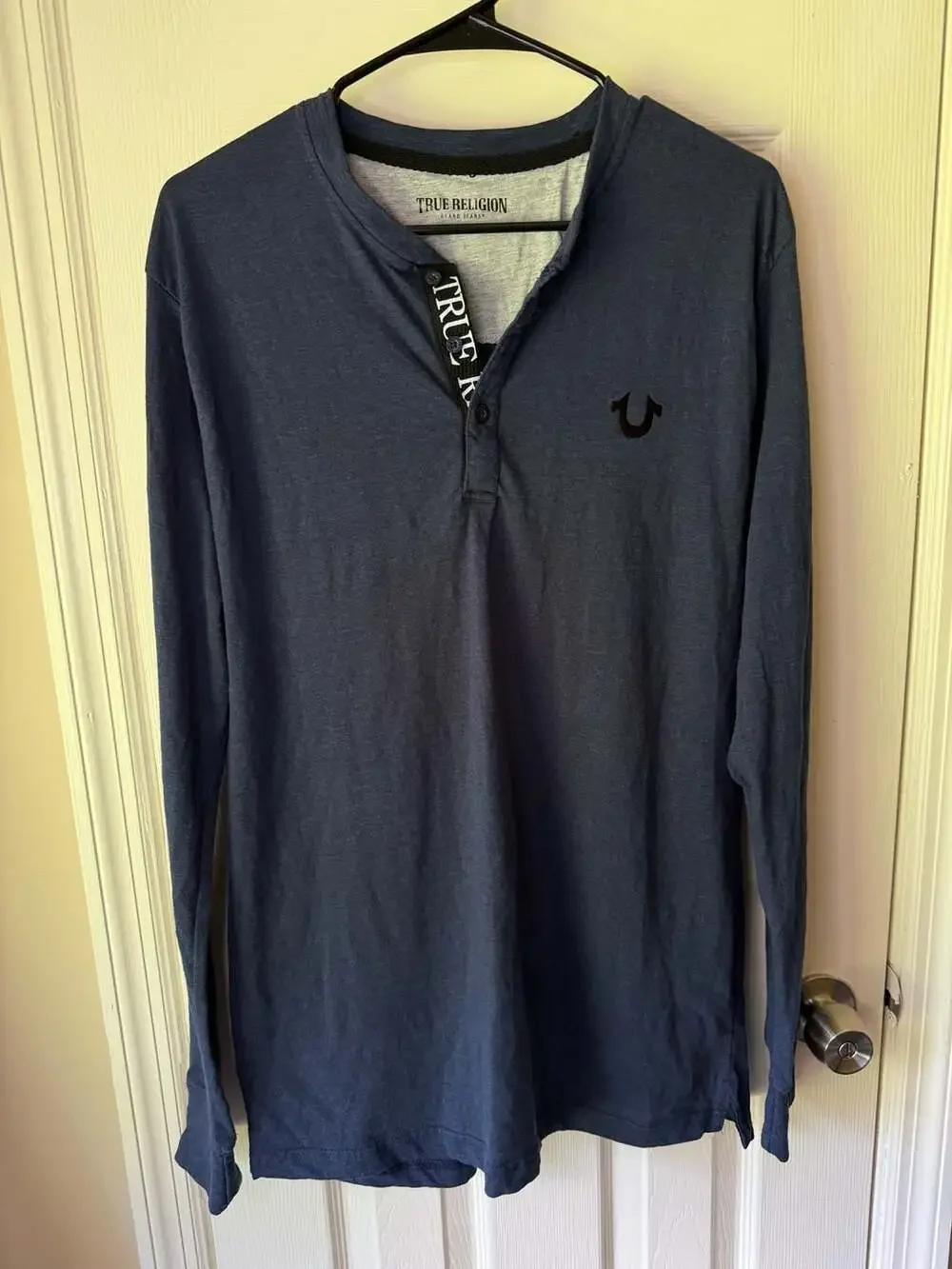 True Religion Men's Long Sleeve Henley Shirt in Navy Blue with Logo Embroidery